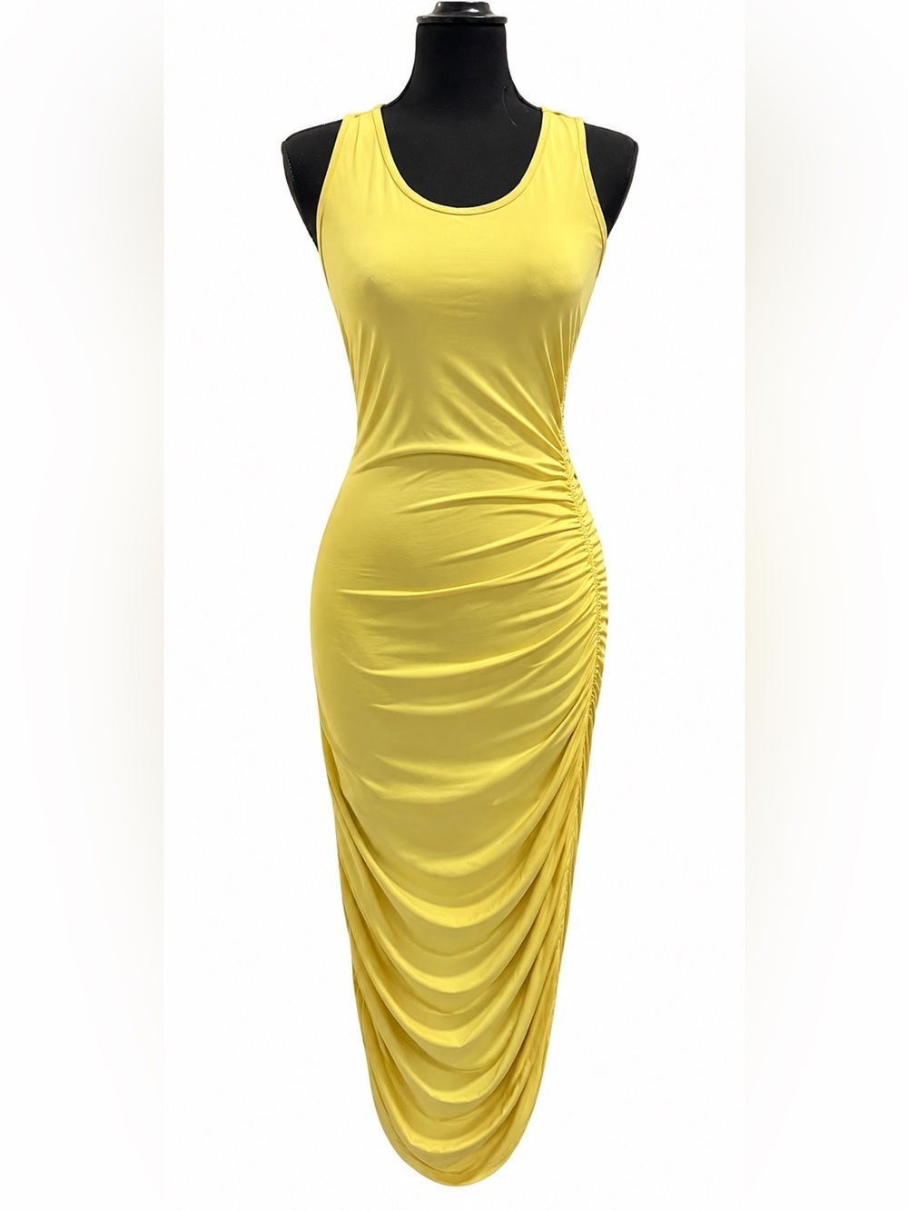 YELLOW MIDI TANK DRESS WITH RUNCHED SIDES
